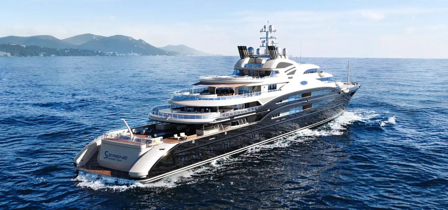 CGI-visualisatie van een luxe jacht in breed achteraanzicht met bergen op de achtergrond