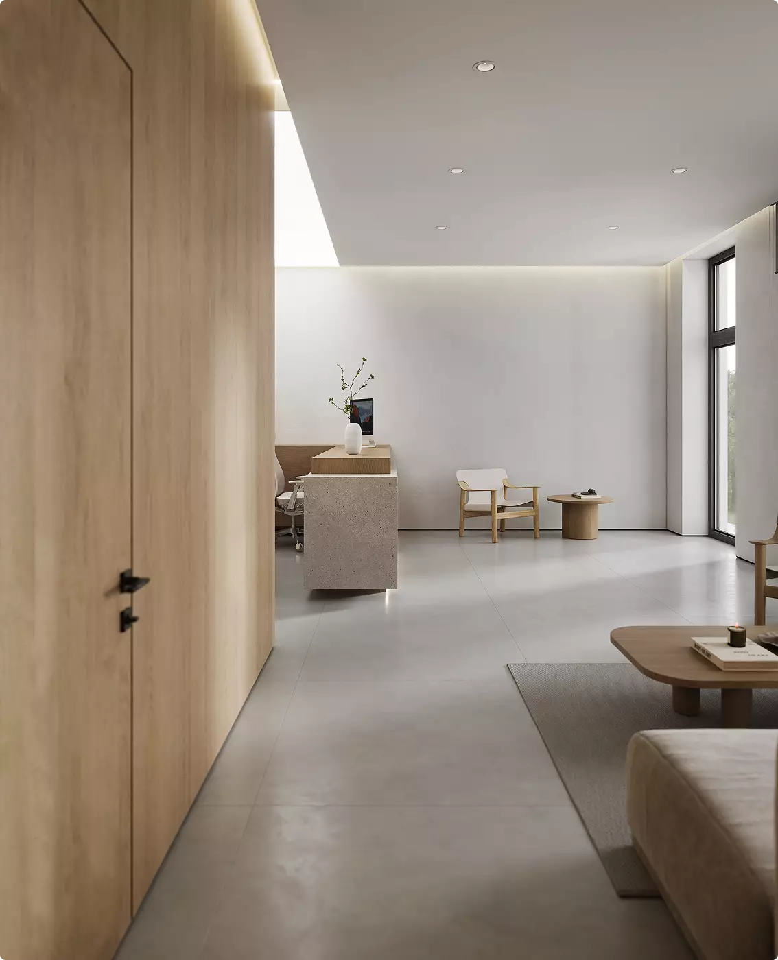 Rendering del corridoio di uno studio dentistico minimale con area reception e finiture contemporanee calde