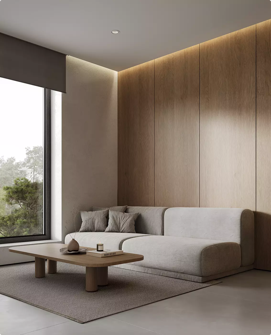 Rendering della zona d'attesa di uno studio dentistico minimale con toni neutri morbidi e interni contemporanei