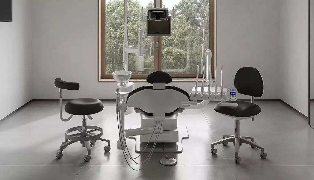 Rendering di uno studio dentistico minimalista con lavabo nero essenziale e dettagli d'interni moderni