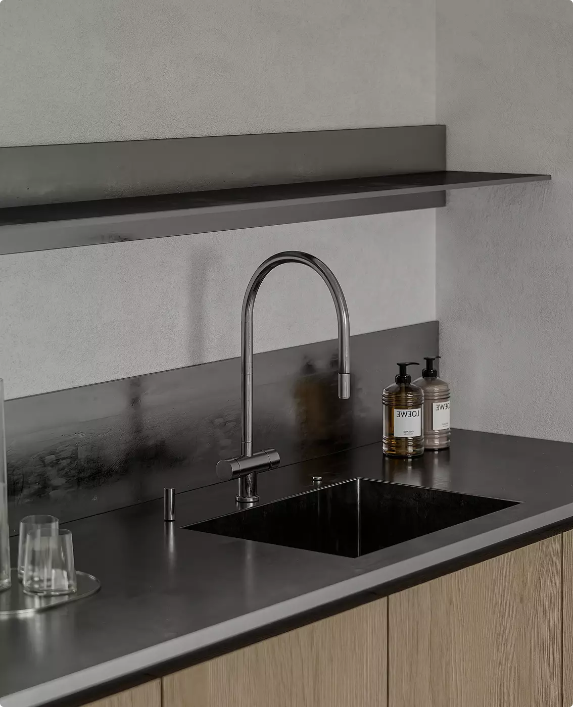 Rendering minimalista di uno studio dentistico con zona lavabo essenziale e bancone di sterilizzazione