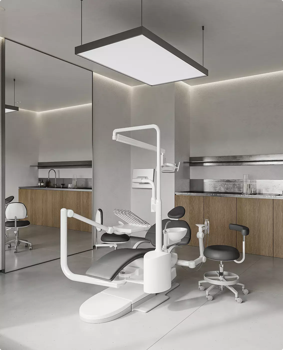 Rendering minimalista della sala operativa di uno studio dentistico con illuminazione essenziale e attrezzature mediche contemporanee
