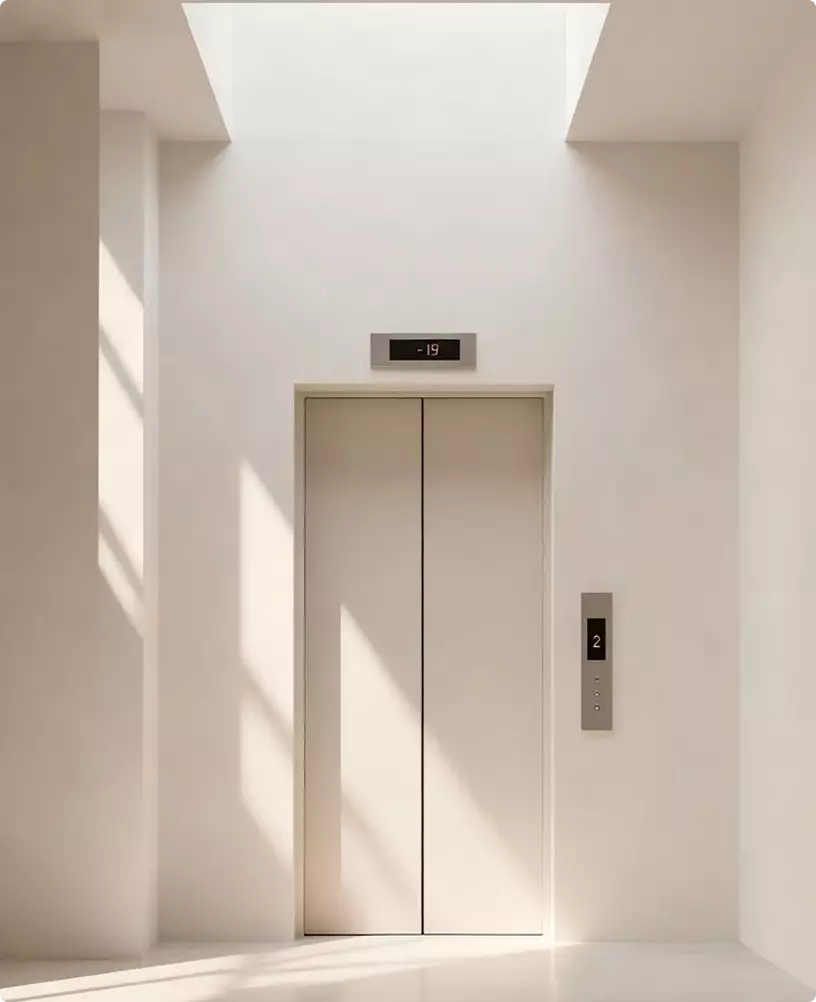 Minimalist elevator CGI render with clean geometry, subtle lighting accents, and premium contemporary aesthetics.