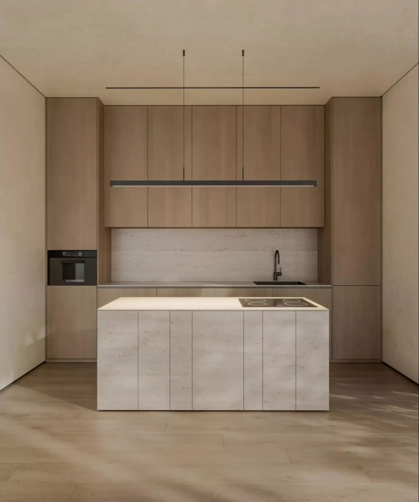 Minimalist kitchen 3D render with stone island, wood cabinetry, and linear pendant light