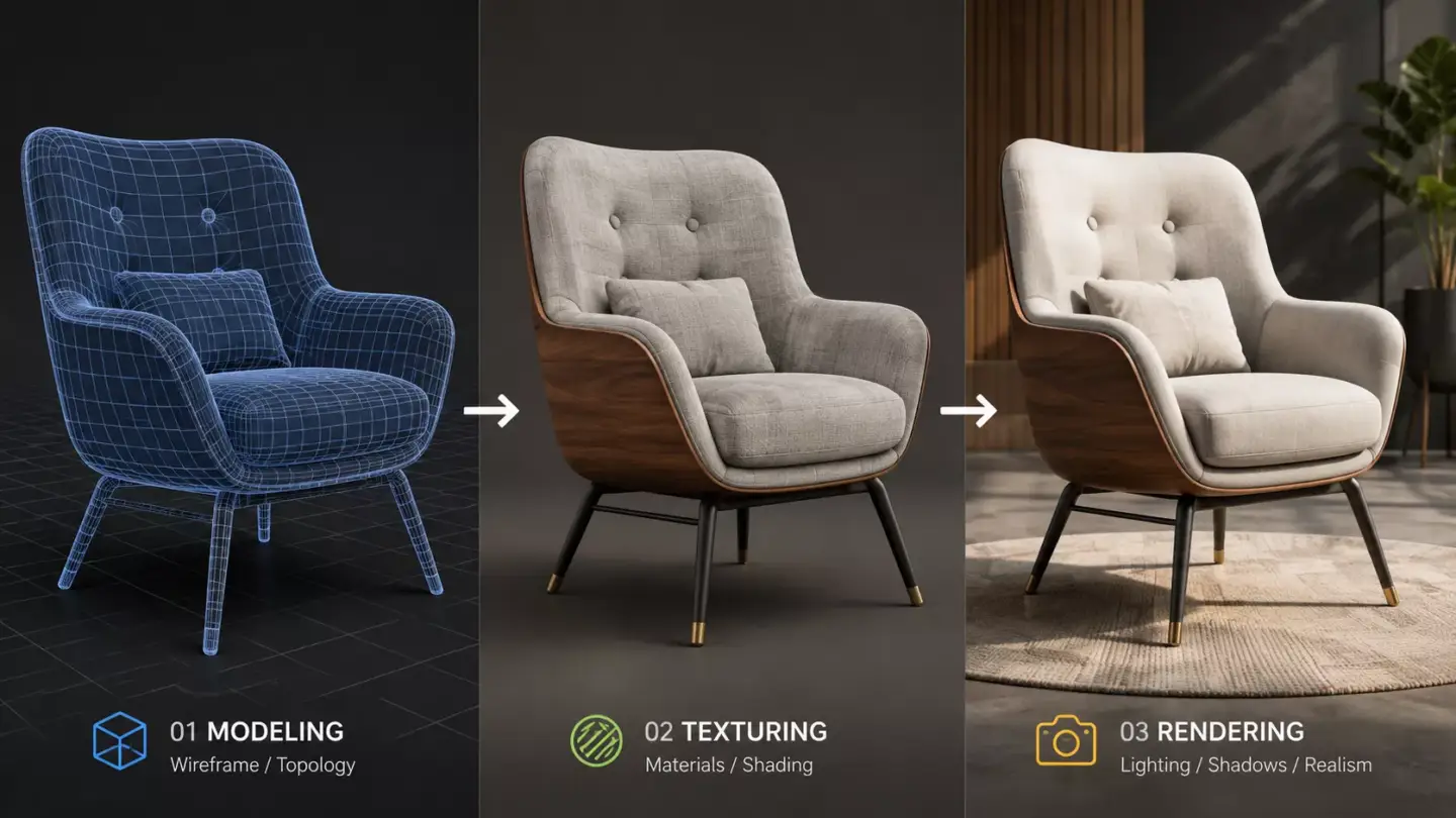 Chair shown across three stages of 3D production: wireframe modeling, texturing with materials, and photorealistic rendering