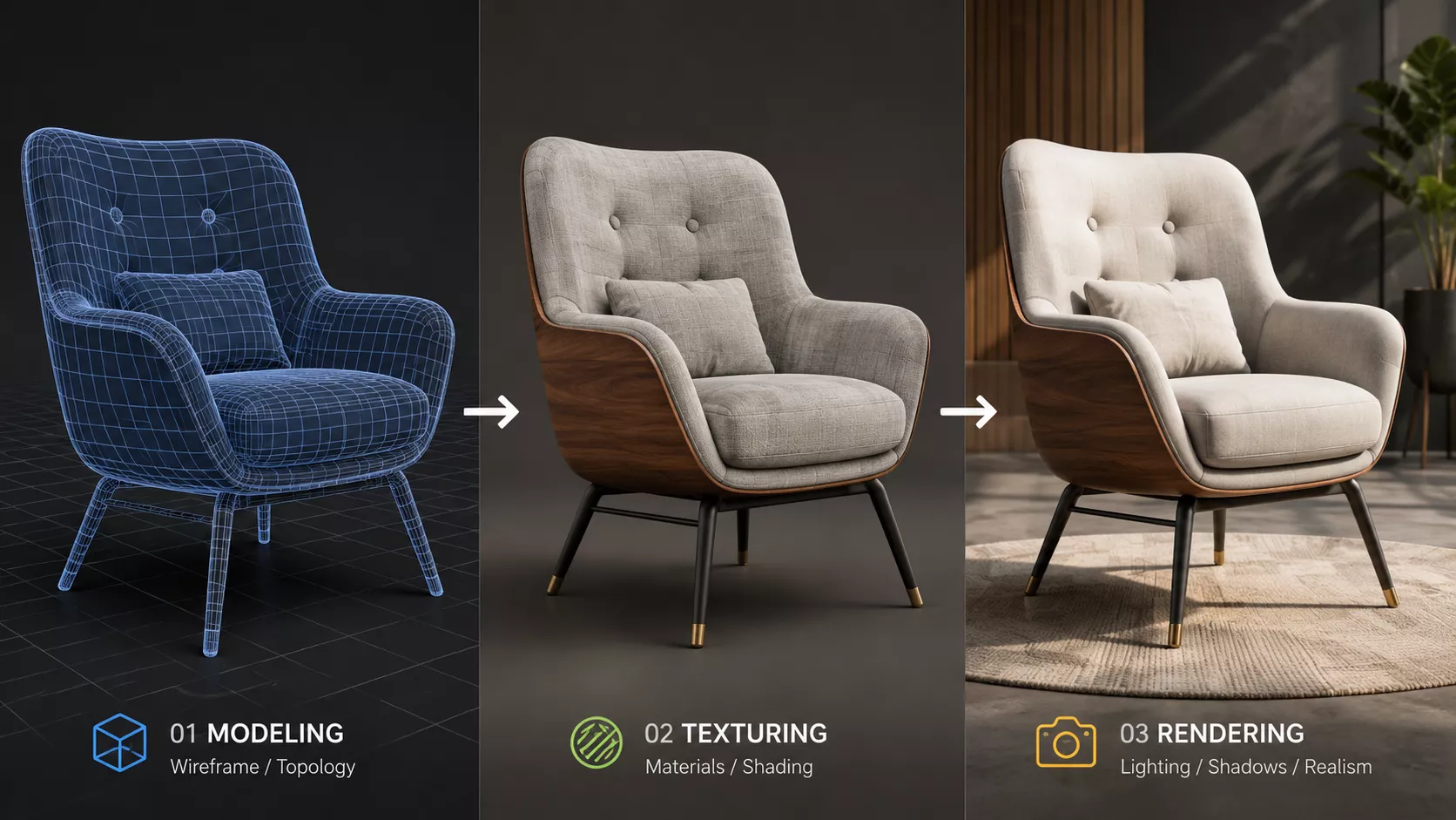 Chair shown across three stages of 3D production: wireframe modeling, texturing with materials, and photorealistic rendering