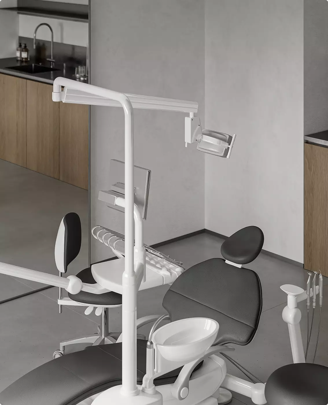 Rendering ravvicinato di uno studio dentistico con poltrona di trattamento moderna e attrezzature professionali