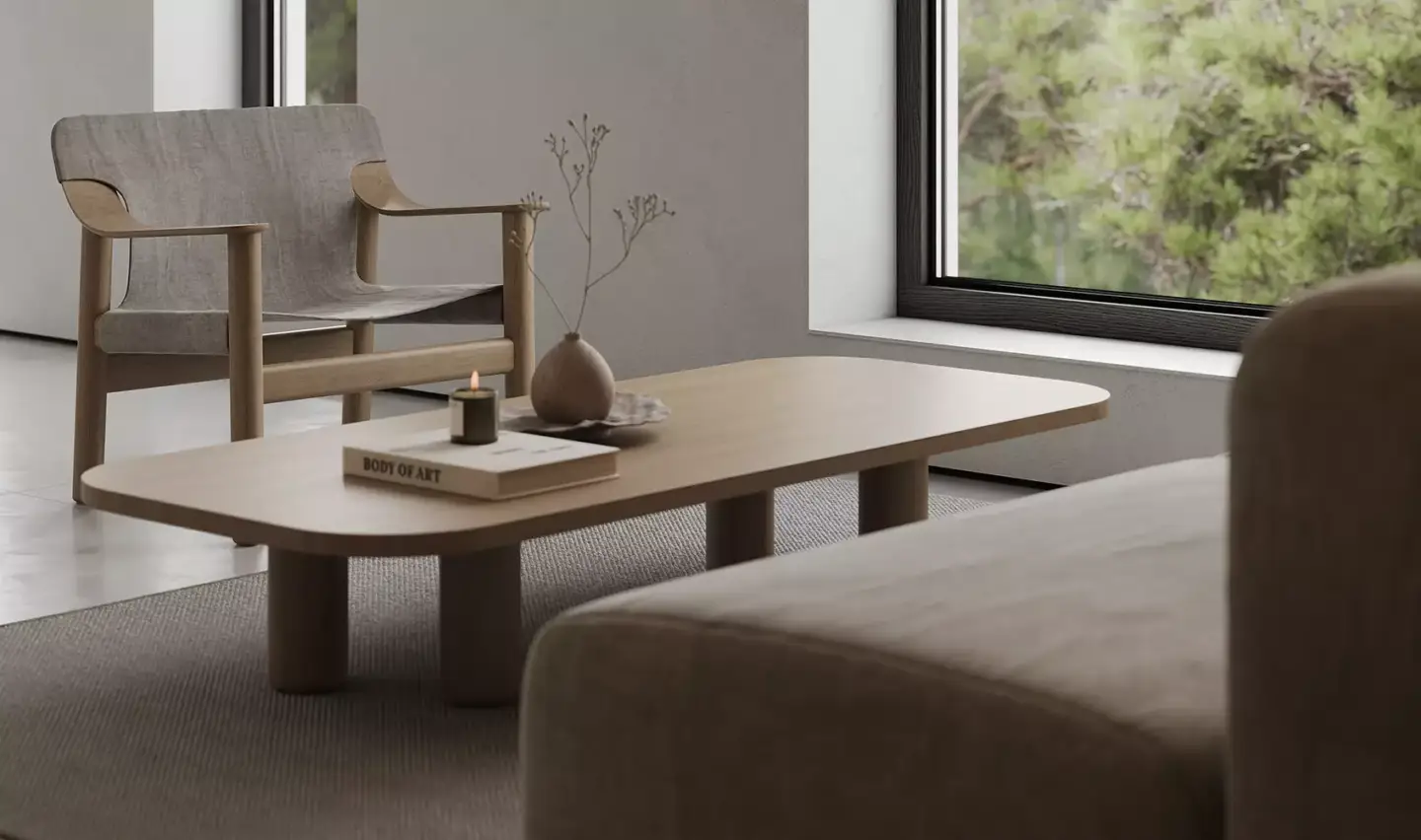Modern dental clinic lounge visualization with elegant coffee table and Scandinavian-style seating.