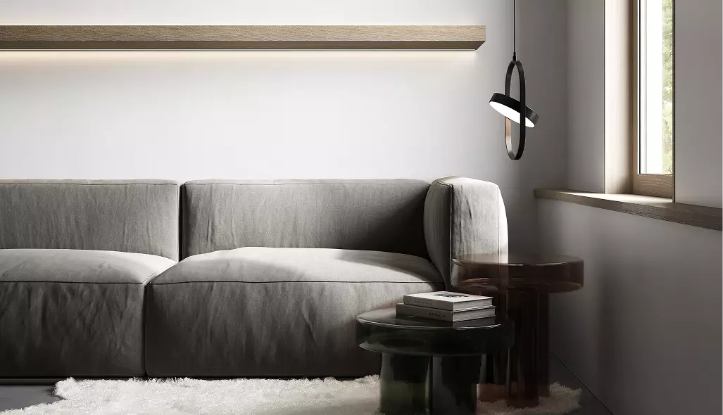Rendering della lounge di uno studio dentistico moderno con sedute morbide, luce d'atmosfera e interni minimalisti