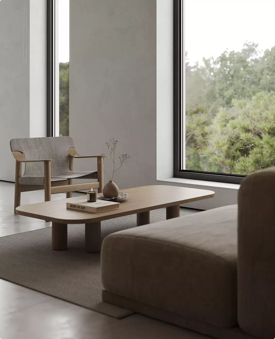 Rendering della lounge di uno studio dentistico moderno con luce naturale, arredi in legno e vista dalla vetrata panoramica