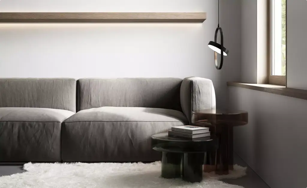Rendering dell'angolo lounge di uno studio dentistico moderno con divano minimalista e lampada di design