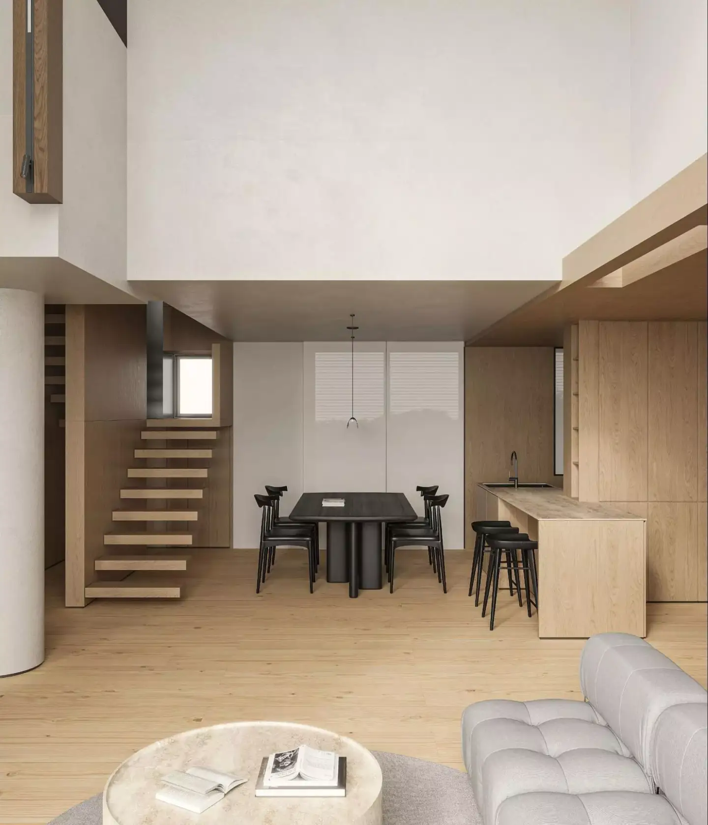 Best Interior Renders for 3D Interior Visualization Modern open-plan home with wood kitchen, floating stairs, dining table, and lounge