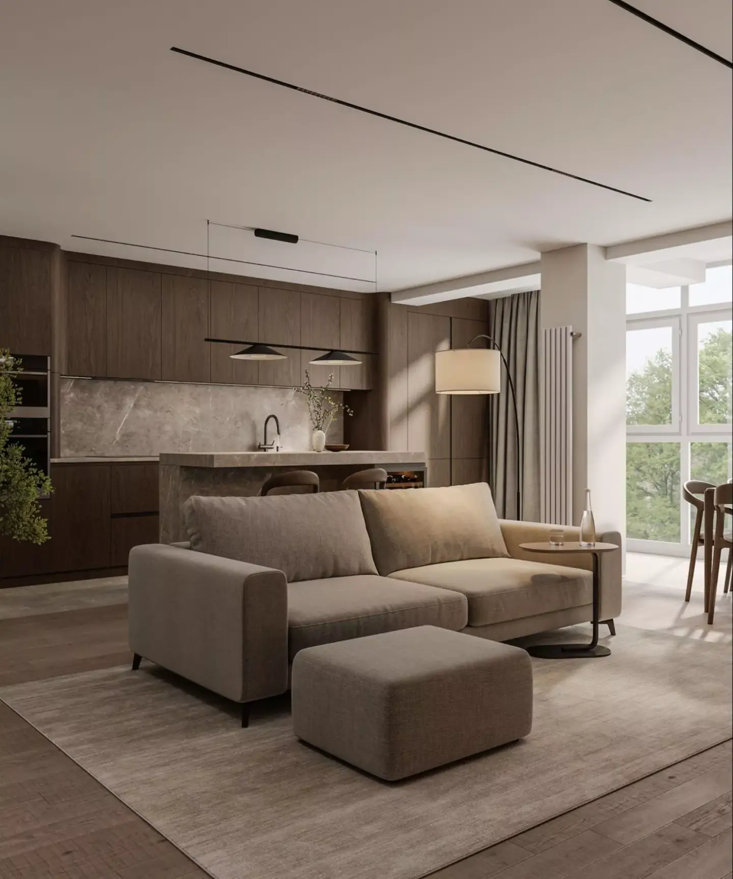 Modern open-plan kitchen render with taupe sofa, marble backsplash, and warm lighting