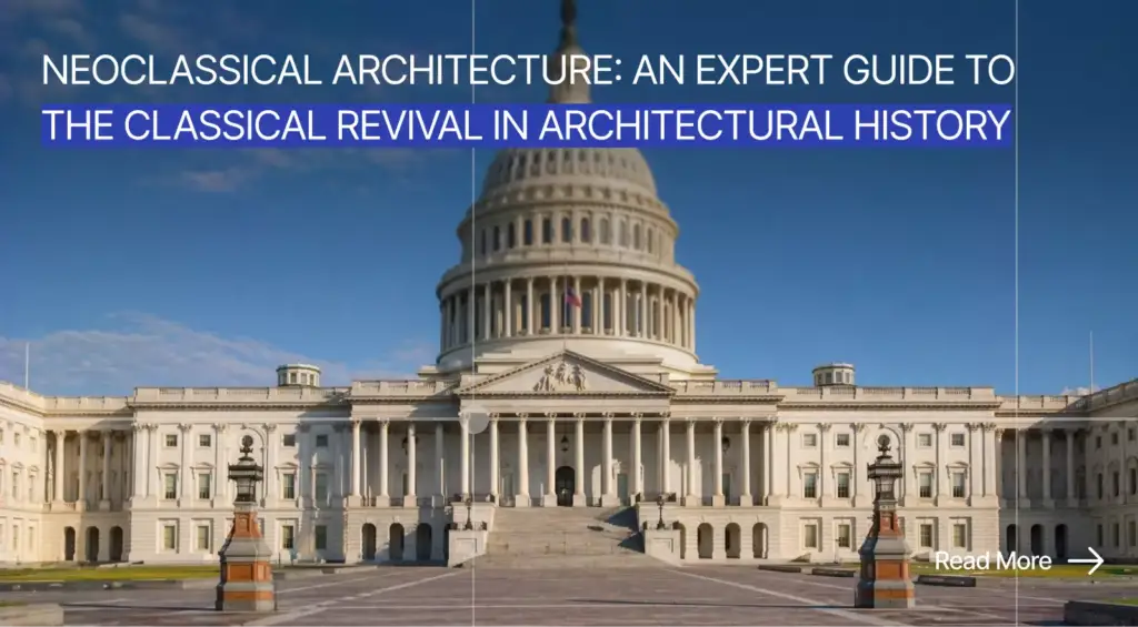 Neoclassical architecture guide graphic with US Capitol building and article title