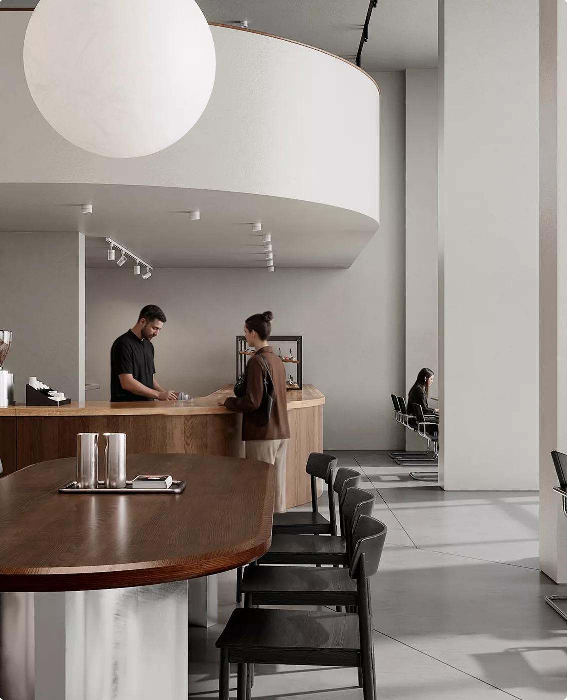 Fotorealistische 3D-visualisatie van een café met gebogen koffietoonbank en hanglampen