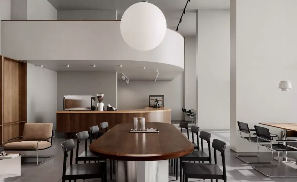 Fotorealistische 3D-visualisatie van een café met gebogen toonbank en gemeenschappelijke houten tafel