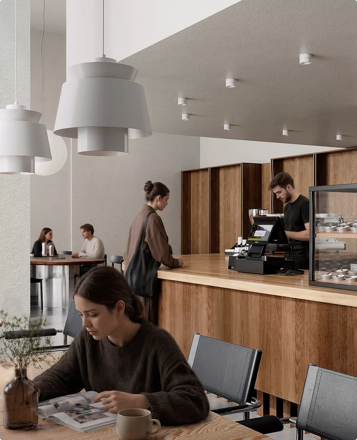 Fotorealistische 3D-visualisatie van een café met gasten bij de houten koffietoonbank