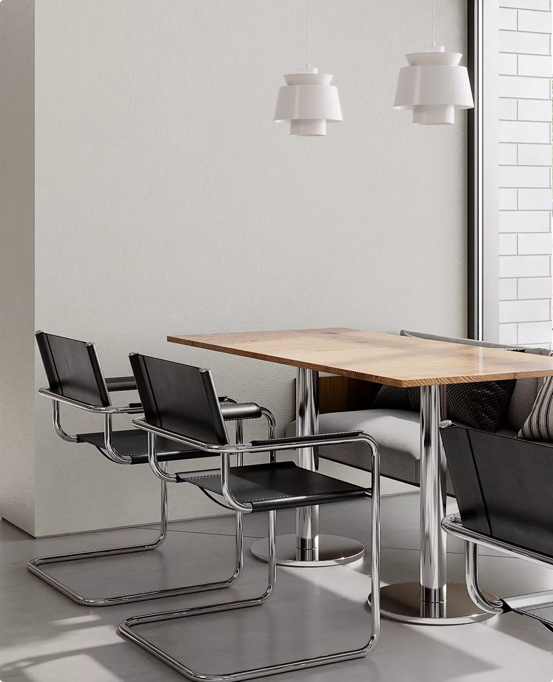 Fotorealistische 3D-visualisatie van een café met zwarte stoelen en houten eettafel