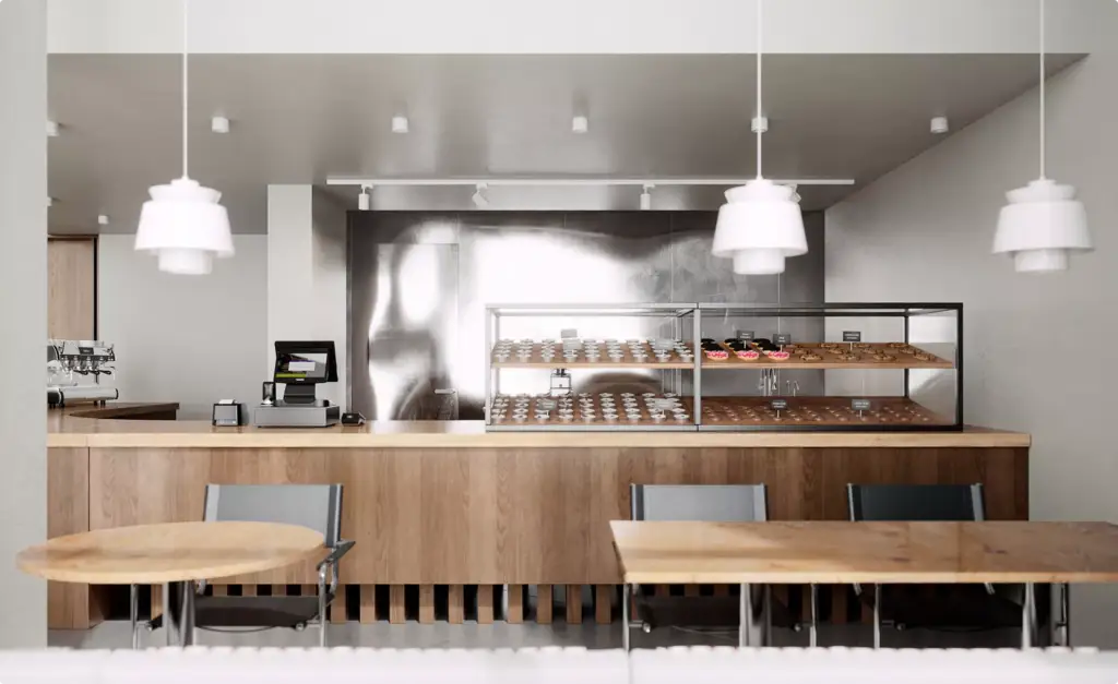 Fotorealistische 3D-visualisatie van een café met gebaksvitrine en houten servicetoonbank