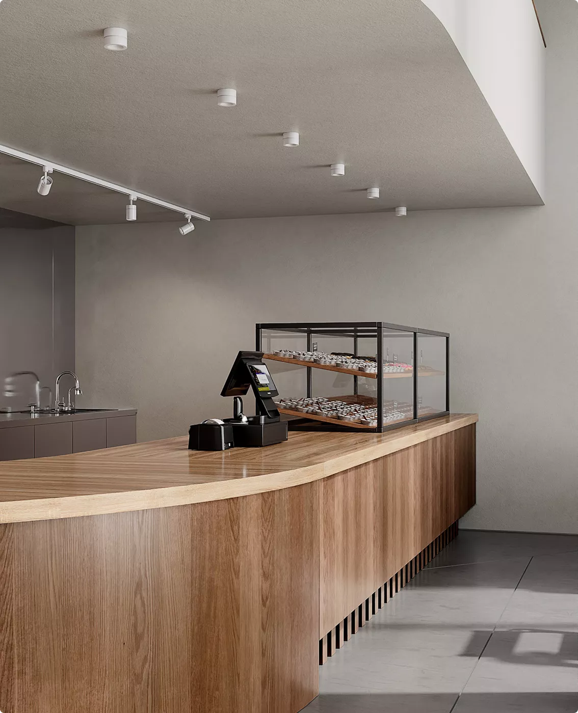 Fotorealistische 3D-visualisatie van een café met gebaksvitrine op een gebogen houten servicebalie