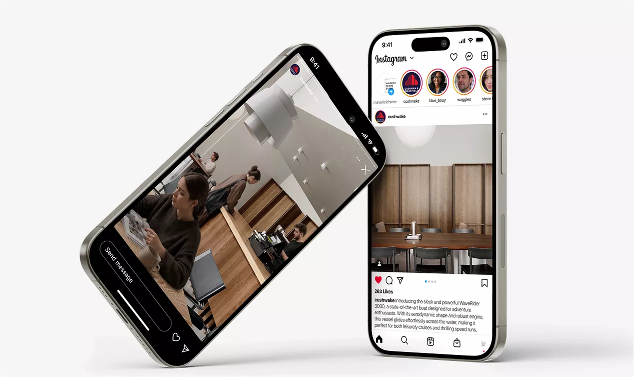 Fotorealistische 3D-visualisatie van een café op smartphonemockups voor social media