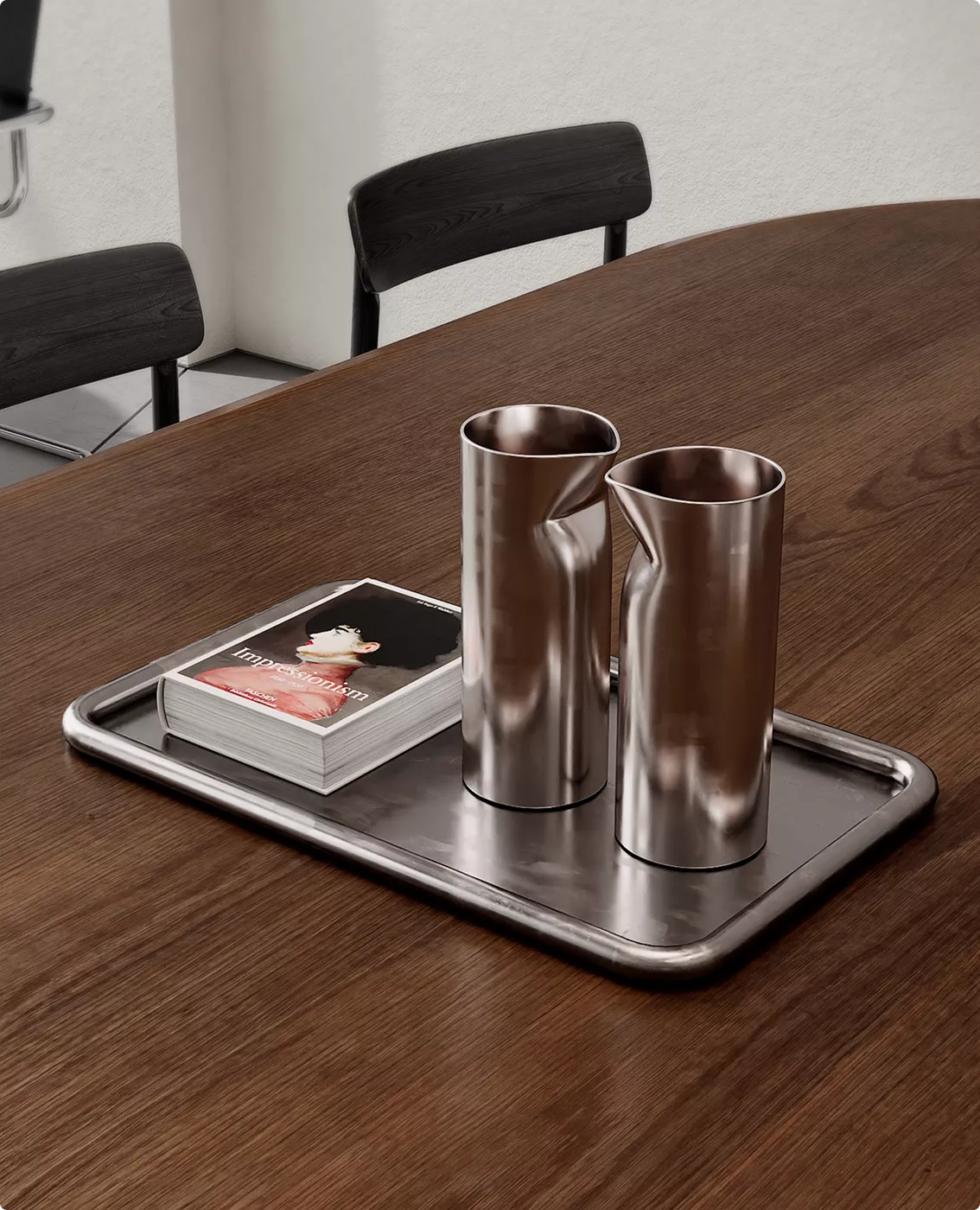 Fotorealistische 3D-visualisatie van een café met metalen kannen en boeken op een houten tafel