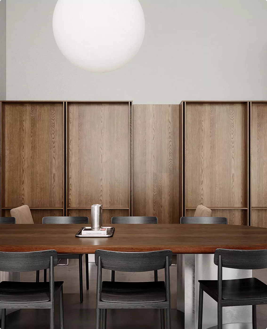 Fotorealistische 3D-visualisatie van een café met houten wandpanelen en lange eettafel