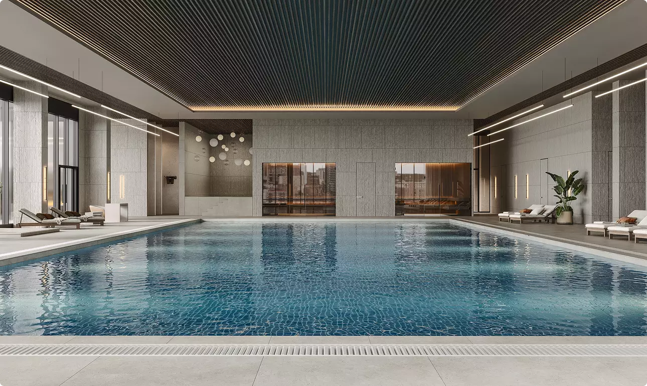 What Is 3D Pool Rendering? 3D rendering of an indoor commercial swimming pool