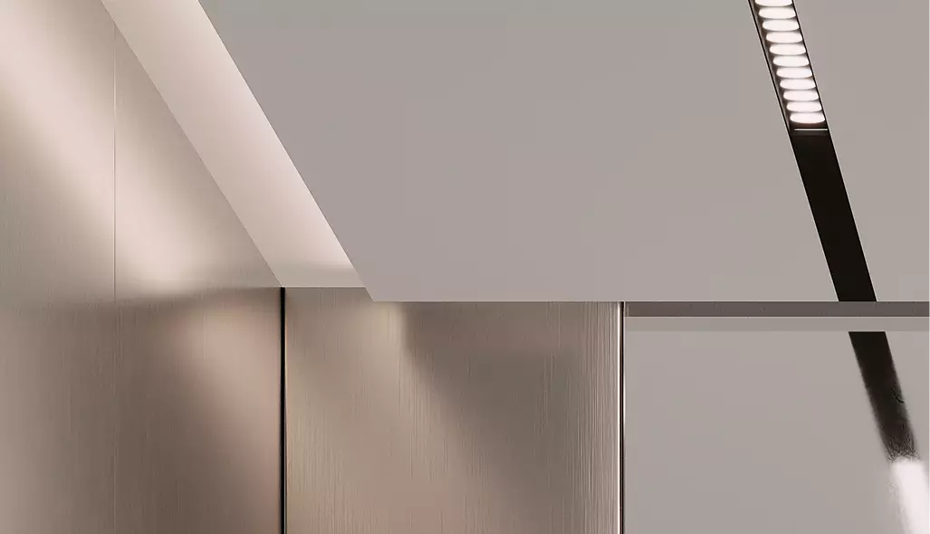 Premium hospitality elevator CGI with elegant textures, warm lighting, and sophisticated luxury interior atmosphere.