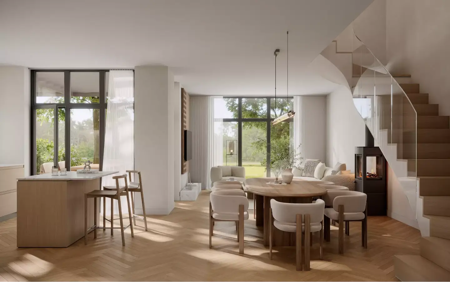 Residential interior render with kitchen island, dining table, curved stairs, and garden views