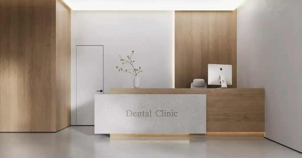 Rendering della lounge di uno studio dentistico in stile scandinavo con arredi minimalisti e materiali naturali caldi