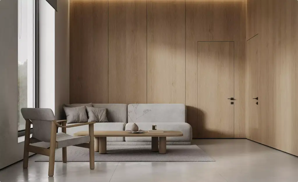 Rendering della sala d'attesa di uno studio dentistico di ispirazione scandinava con pannelli in legno e arredi accoglienti