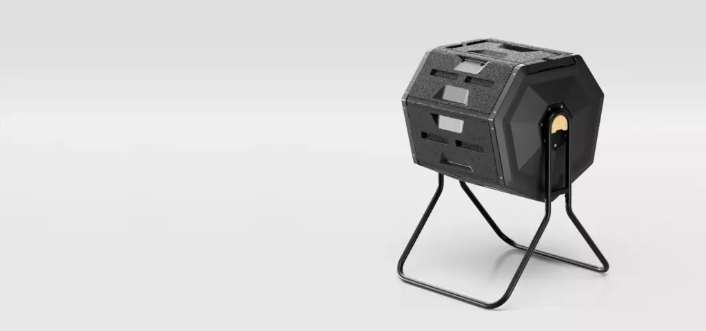 Modern smart composting device with elevated rotating drum and durable black modular construction for efficient organic waste composting.