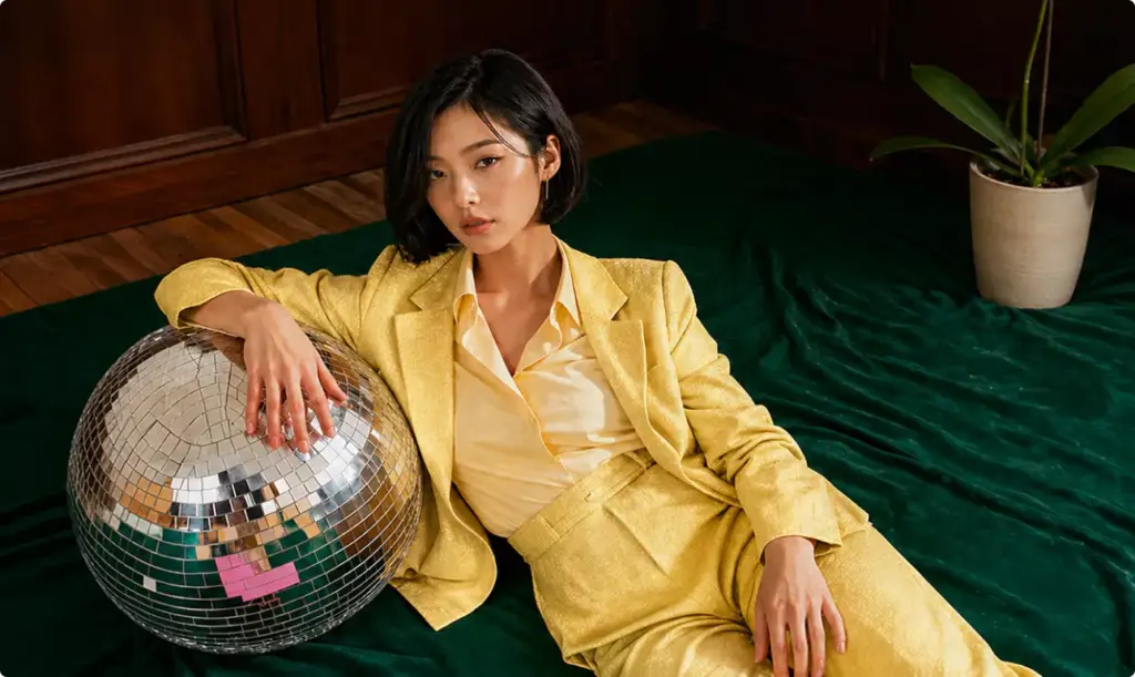 Social Media Creative fashion portrait with woman in yellow suit and disco ball