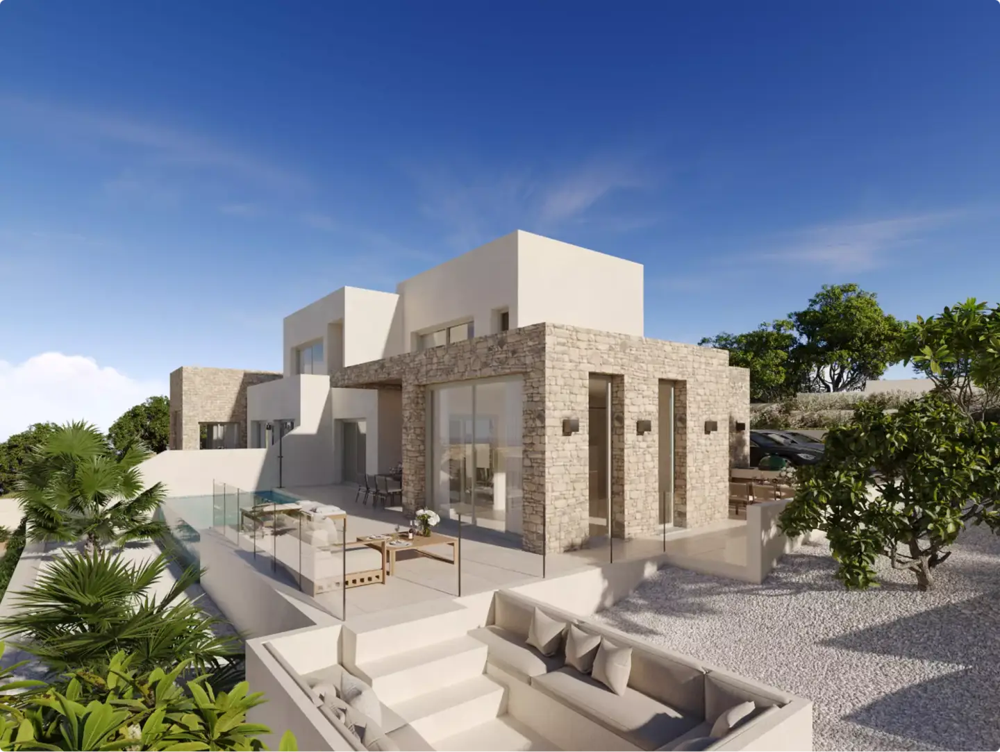Stone villa render with terraces, glass railings, outdoor seating, and landscaped garden