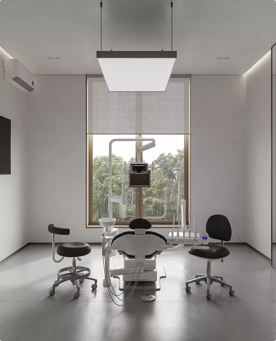 Rendering simmetrico di uno studio dentistico con poltrona di trattamento centrale e interni moderni essenziali