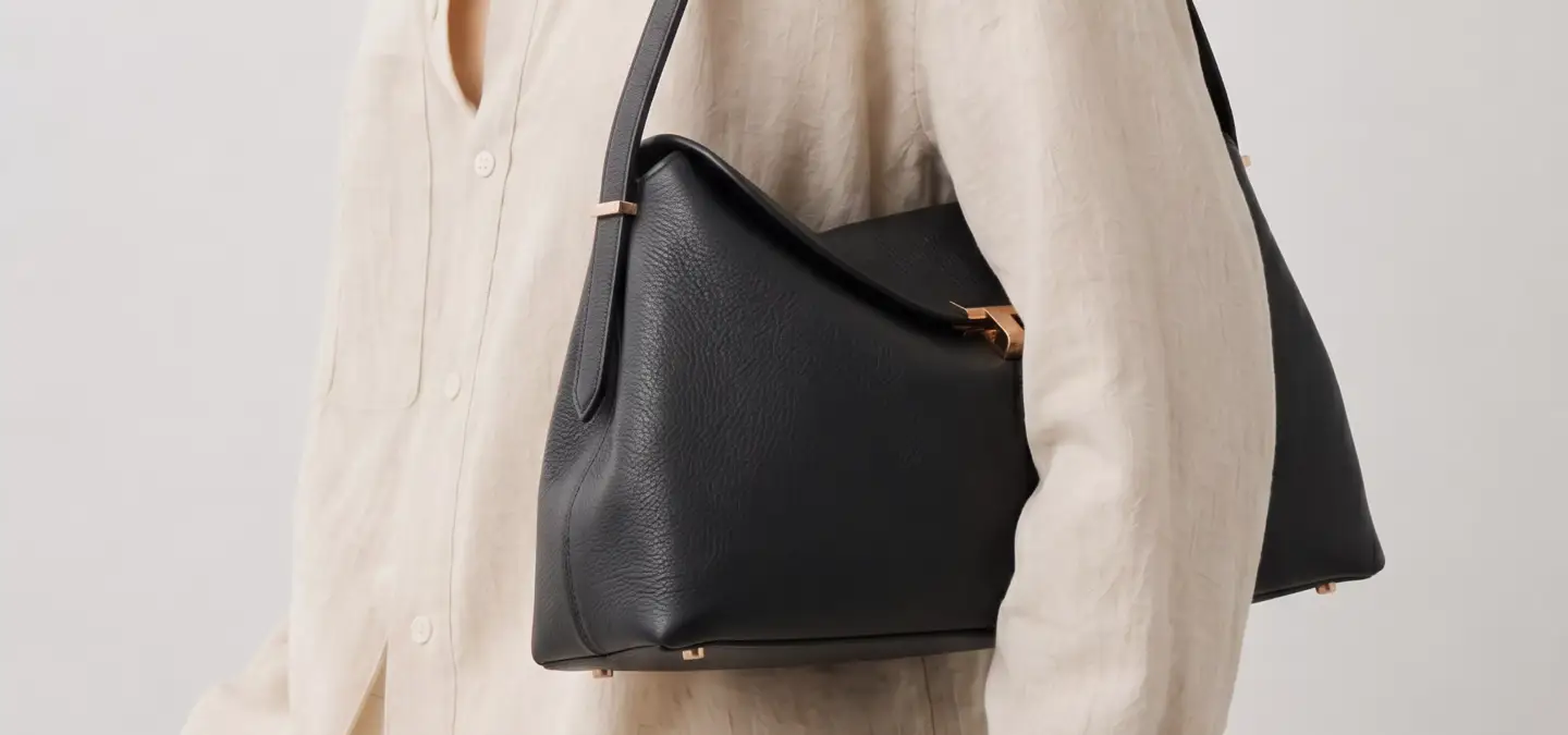 Top 3D Product Modeling Companies for Product Visualization in 2026 3D product visualization of a black Toteme handbag with gold hardware detail