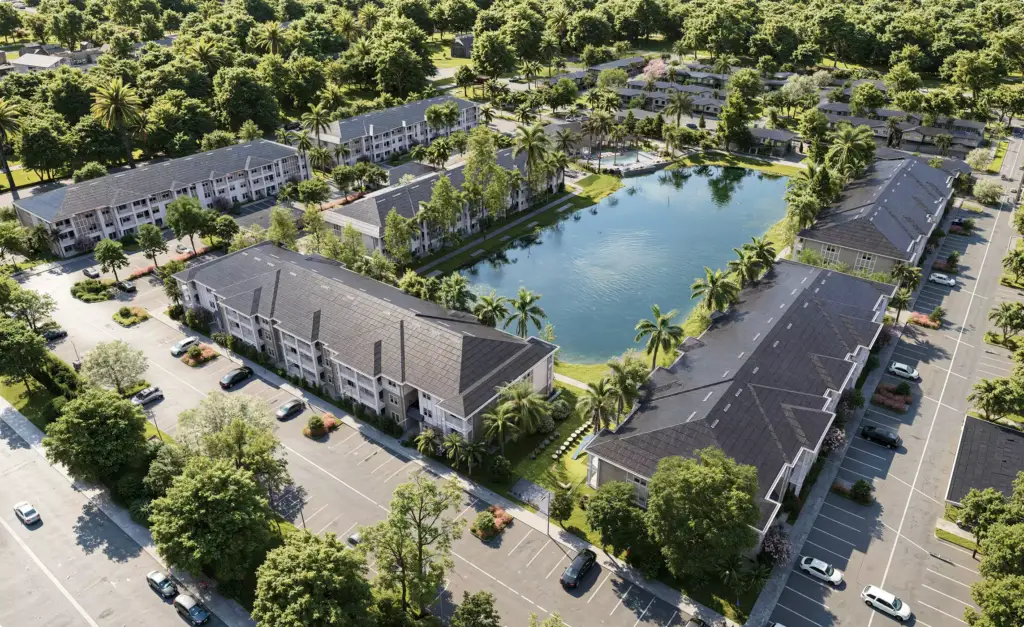 CGI van het tropische woningproject met appartementgebouwen, palmen, parkeerplaatsen en een centrale waterpartij