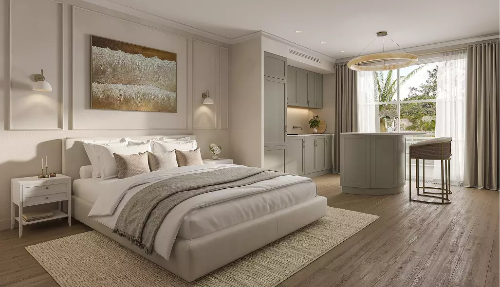 CGI van het tropische woningproject met een moderne slaapkamer, zachte neutrale inrichting en groot raam