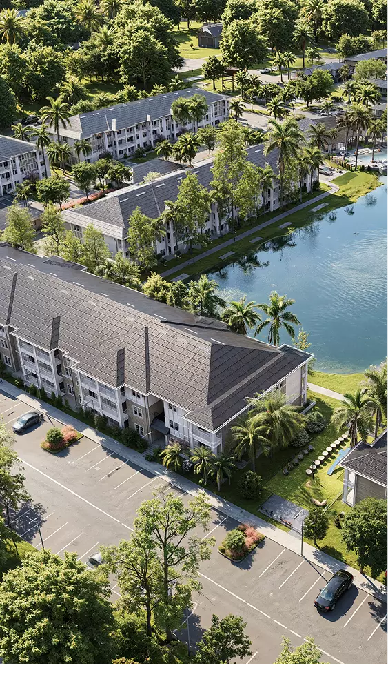 Contemporary Mediterranean-style residential development with a landscaped courtyard, 3D CGI rendering