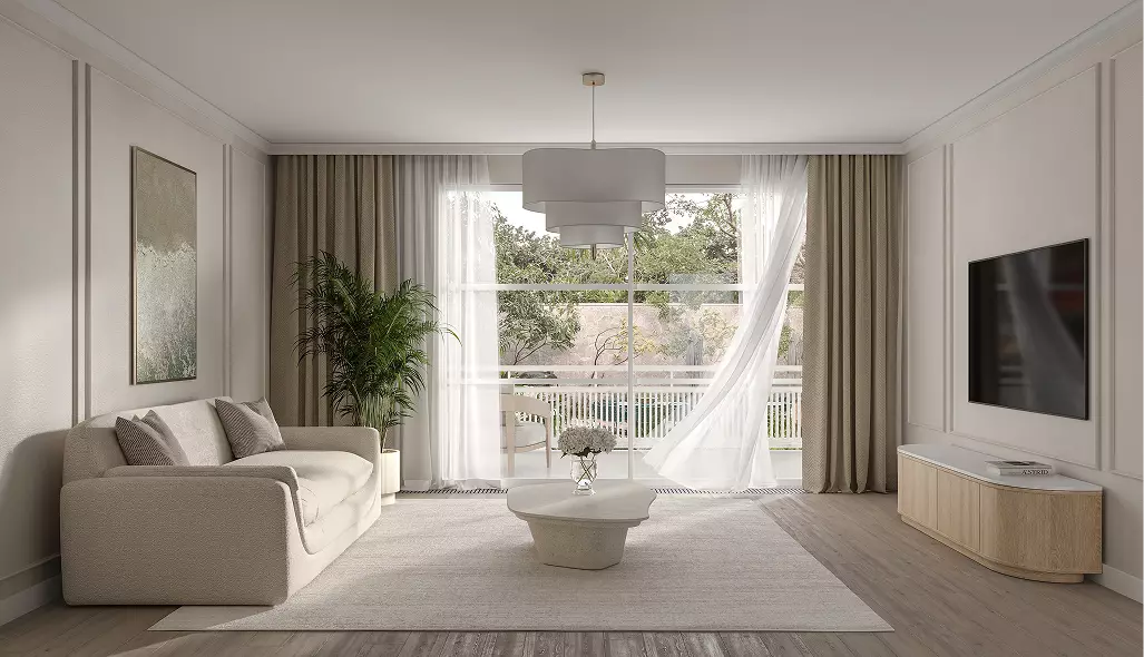 CGI van het tropische woningproject met een neutrale woonkamer, grote ramen en zacht modern meubilair
