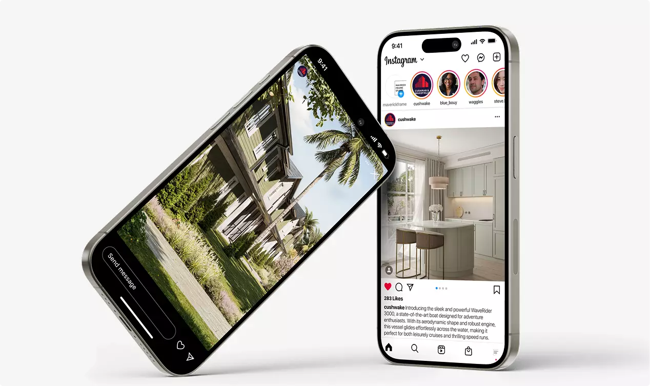 CGI van het tropische woningproject met smartphonemockups van de interieurs en exterieurs van de woningen
