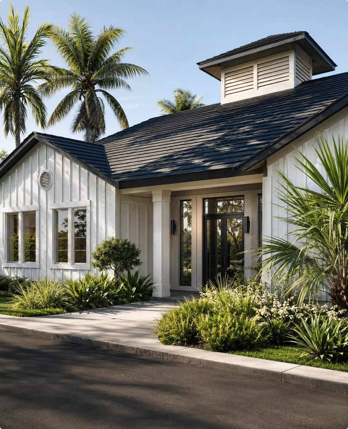 Tropical Residential Development CGI for High-Impact Property Marketing Tropical residential development CGI with modern clubhouse facade, tropical plants, and palm-lined street