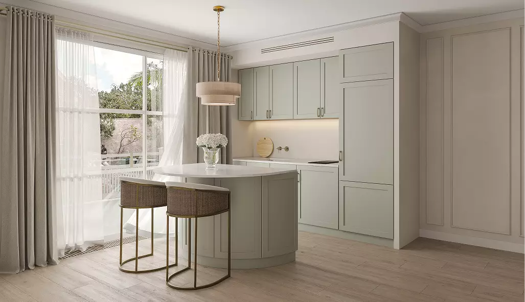 CGI van het tropische woningproject met een modern keukeneiland, zachte kastfronten en een licht raamzitje