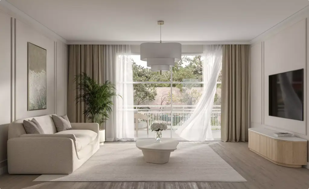 CGI van het tropische woningproject met een minimalistische woonkamer, vitrages en uitzicht op het balkon