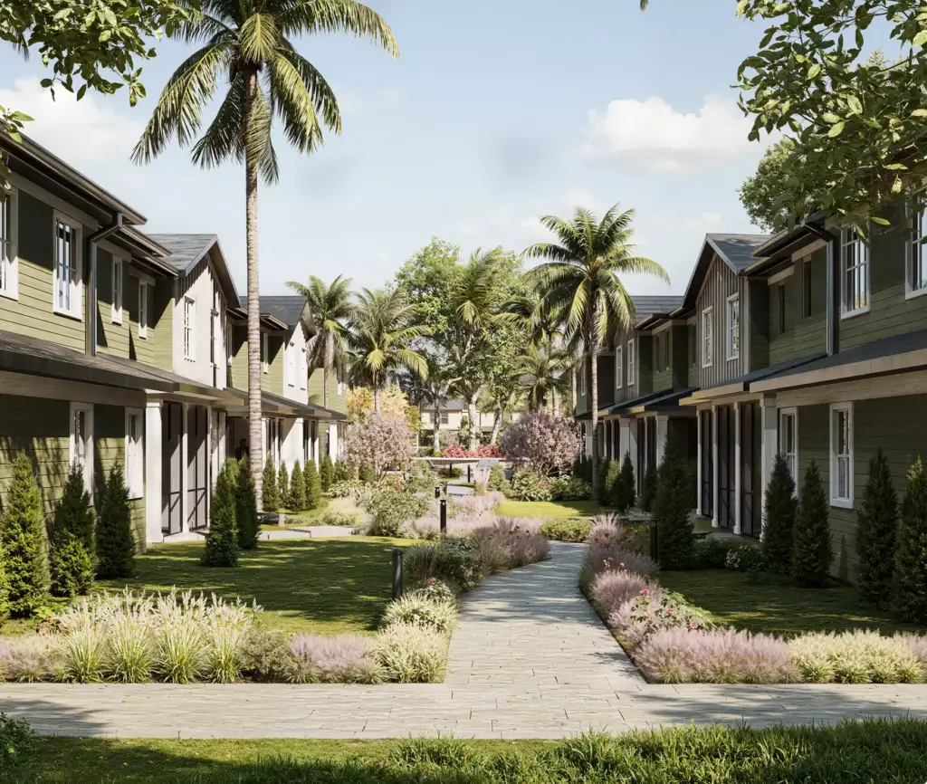 CGI van het tropische woningproject met aangelegd wandelpad, rijwoningen, palmen en een groene binnentuin
