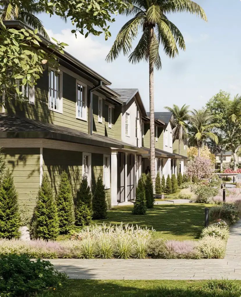 CGI van het tropische woningproject met de gevel van een rijwoning, palmen en een aangelegd wandelpad