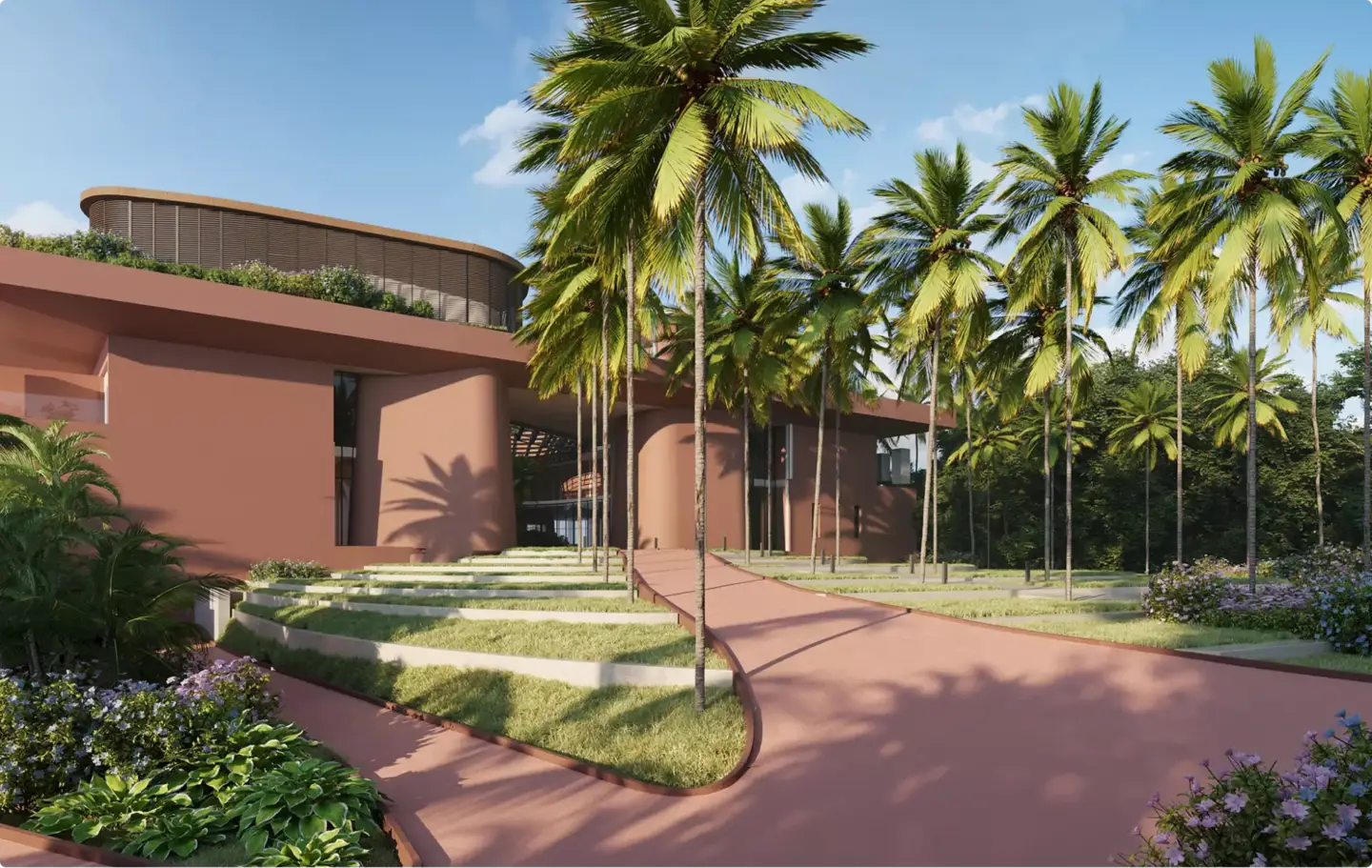 Resort architectural render with terracotta facade, curved paths, palms, and layered lawns