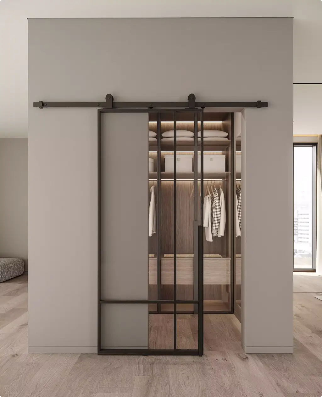 Visualization for Door Manufacturers with modern glass barn door and illuminated walk-in closet