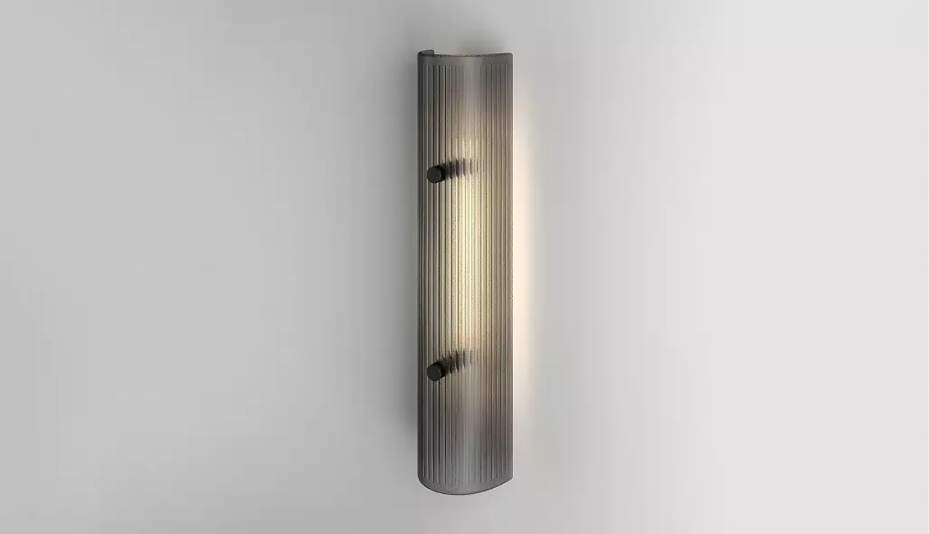 Front view of illuminated ribbed glass wall fixture, wall light visualization.